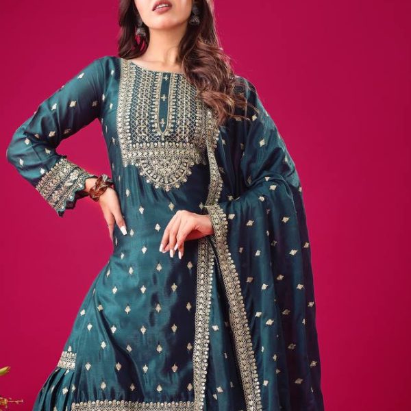 Royal Deep Teal Sharara Suit with Intricate Gold Embroidery - Festive Collection