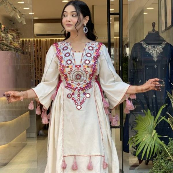 White Embroidered Kurti Palazzo Set with Tassels