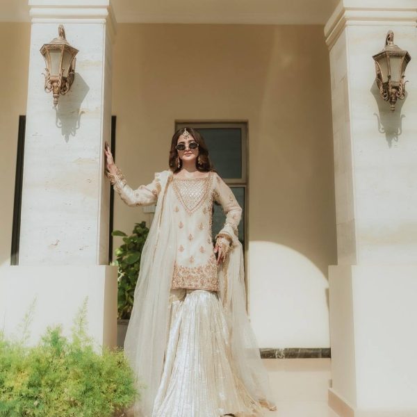 Elegant White & Gold Embroidered Sharara Set with Mirror Work - Festive & Party Wear