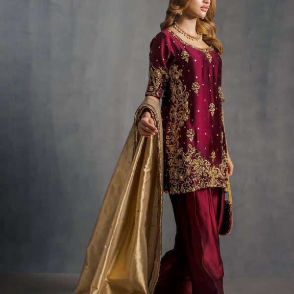 Maroon/Burgundy Patiala Suit with Gold Embroidery