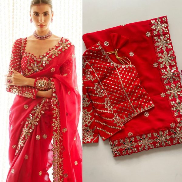 Red Embellished Saree with Mirror Work & Hand-Embroidered Blouse