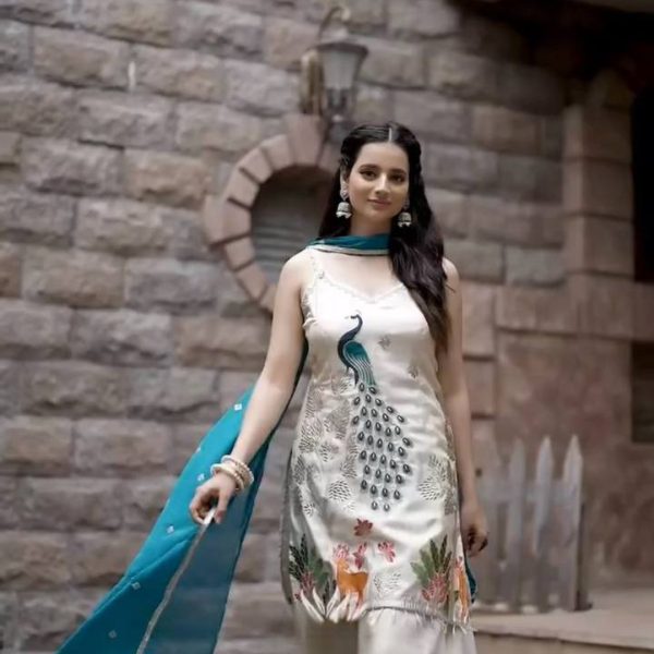 Handcrafted Ethnic Sharara Suit in Blue with Gold Embroidery