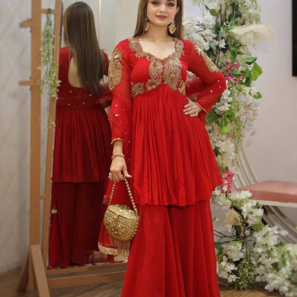 Red Peplum Sharara Suit with Intricate Zari Embroidery