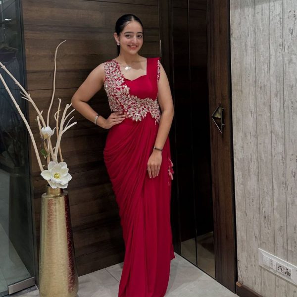 Red Embroidered Pre-Draped Saree Gown | Designer Concept Saree for Women