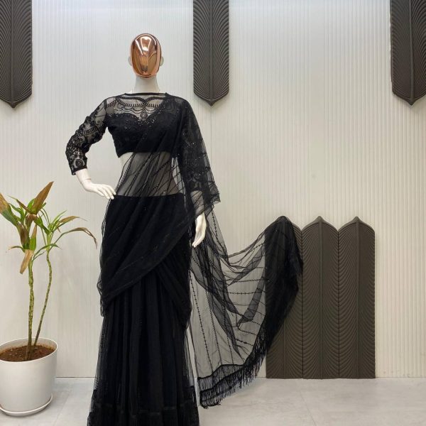 Ready-to-Wear Black Sequin Saree with Designer Blouse | Pre-Stitched Lehenga Saree