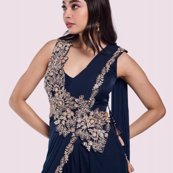 Buy Royal Blue Embellished Draped Saree Online | Indo-Western Ethnic Dress