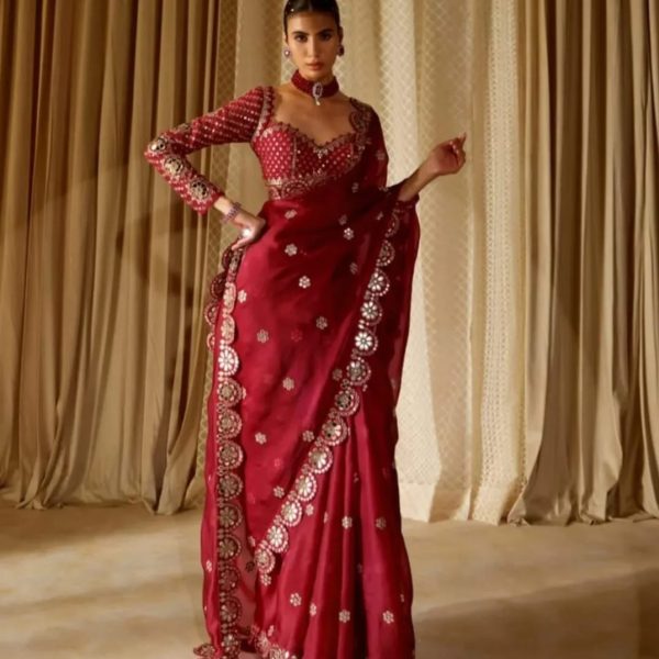 Red Embroidered Saree with Mirror Work & Sequin Blouse