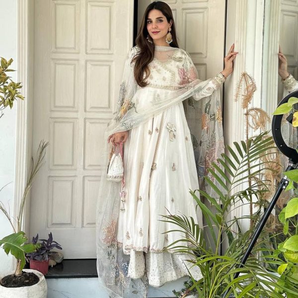 Designer Off-White Floral Embroidered Anarkali Kurta Set with Printed Organza Dupatta (3-Piece)