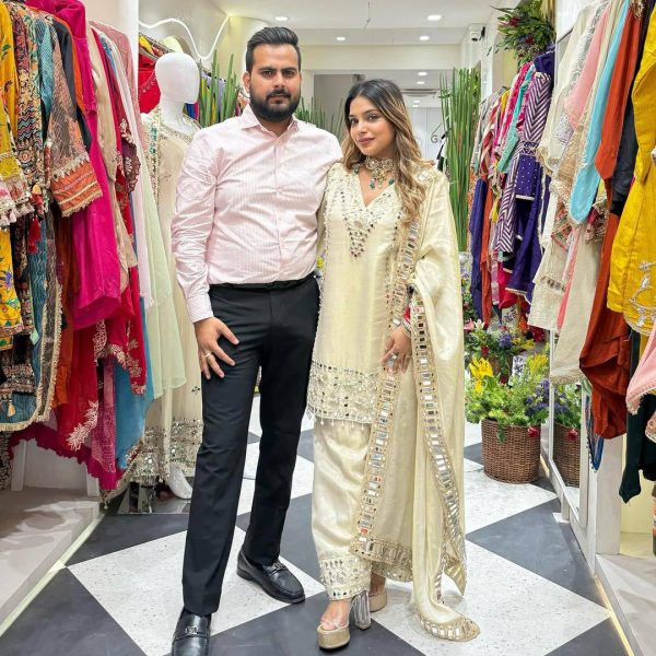 Off-White Mirror Work Georgette Kurta Set with Palazzo and Dupatta