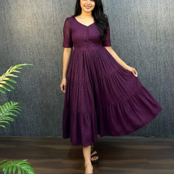 Women's Purple Tiered Cotton Midi Dress with Lace Short Sleeves