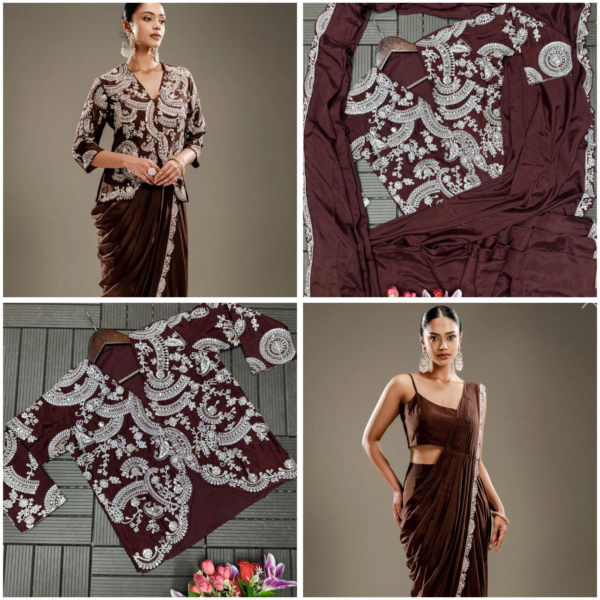 Premium Chocolate Brown Pre-Draped Saree with Heavily Embroidered Jacket