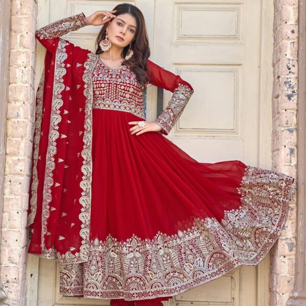 Embroidered Red & Orange Anarkali Kurta Set with Dupatta – Traditional Wedding & Festive Wear for Women