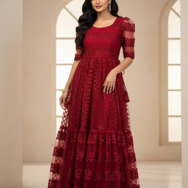 Maroon Embroidered Gown, Sequin Anarkali Dress, Party Wear Gown for Women,