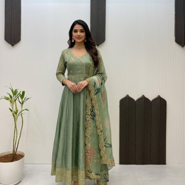 Sage Green Silk Blend Angrakha Anarkali Suit with Floral Organza Dupatta